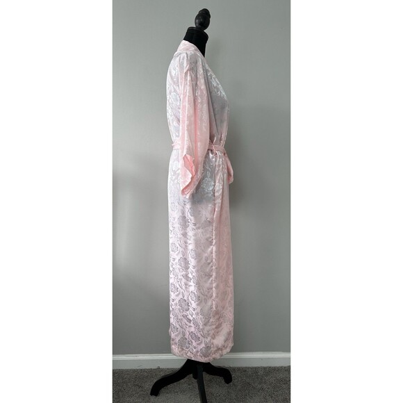 Vtg 90s Long Kimono Robe Small Powder Pink Floral Embossed Satin Belted Romantic - Picture 2 of 12